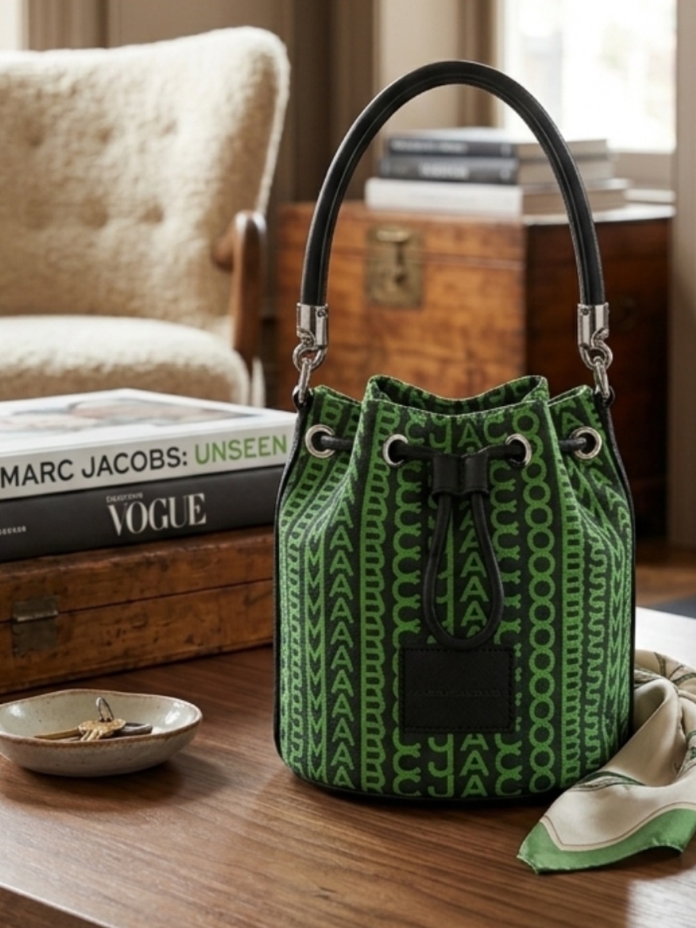 Marc Jacobs Green Monogram Drawstring Mini Bucket Bag NWT